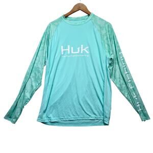 Huk Shirt Mens Aqua Blue Camo Long Sleeve Performance Fabric Fishing Sun Beach L